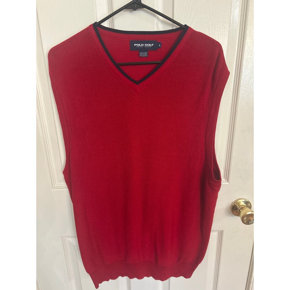 Polo Golf Red V-neck Vest with Navy Trim 100% Cotton Size Large‎